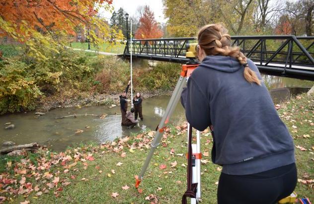 students working in creek